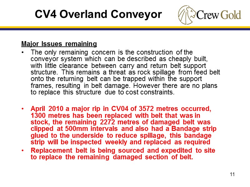 11 Major Issues remaining The only remaining concern is the construction of the conveyor